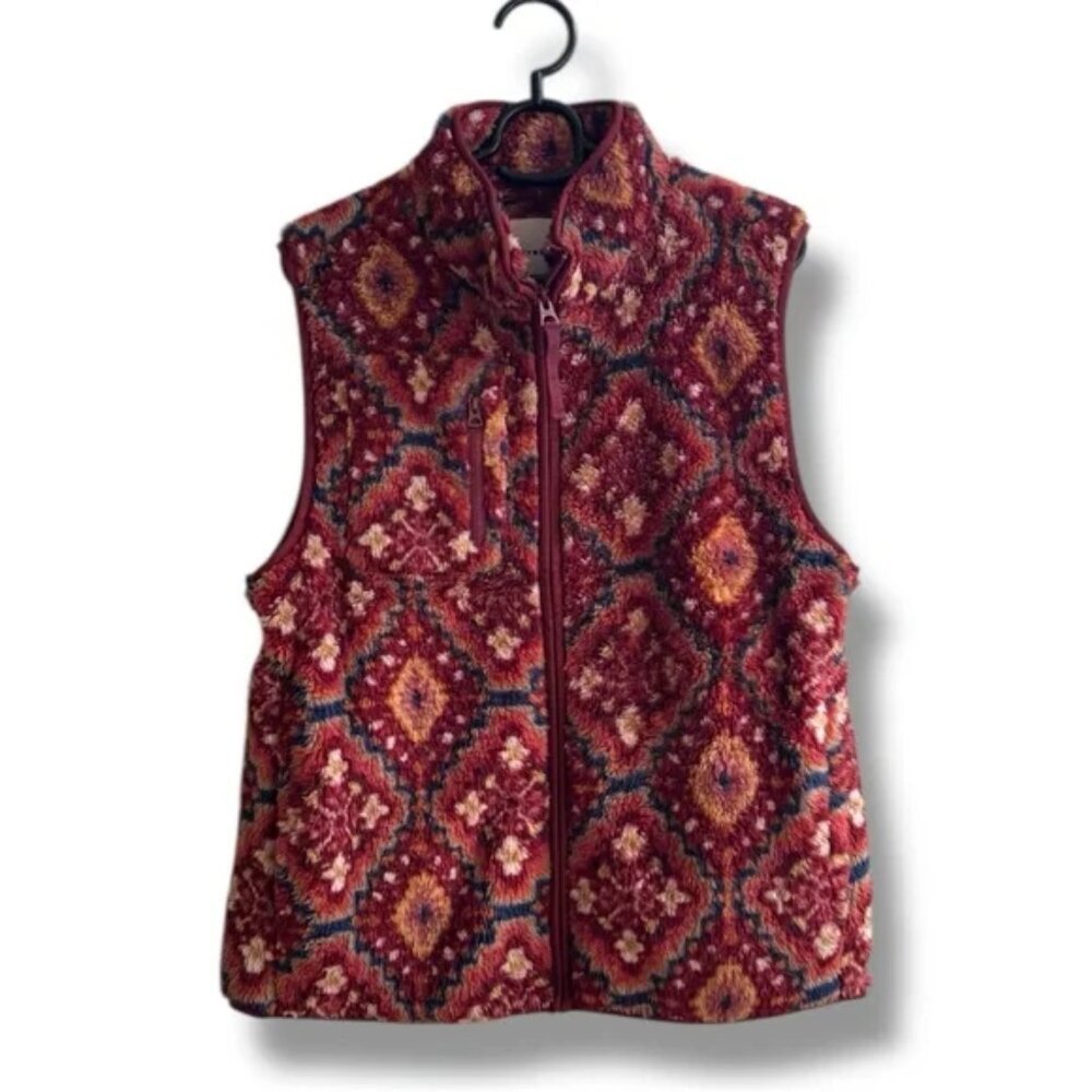 Nwt Lucky Brand Sherpa Fleece Vest Boho Ikat Print Burgundy Size S Retail 119